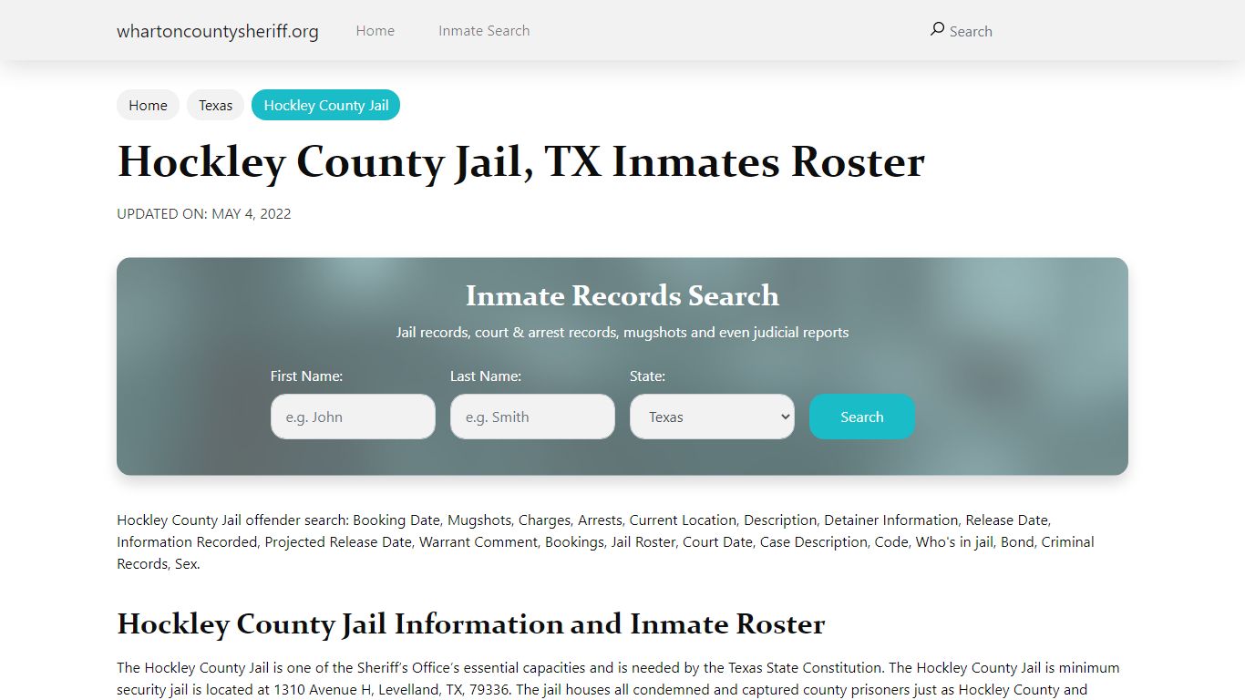 Hockley County Jail, TX Jail Roster, Name Search